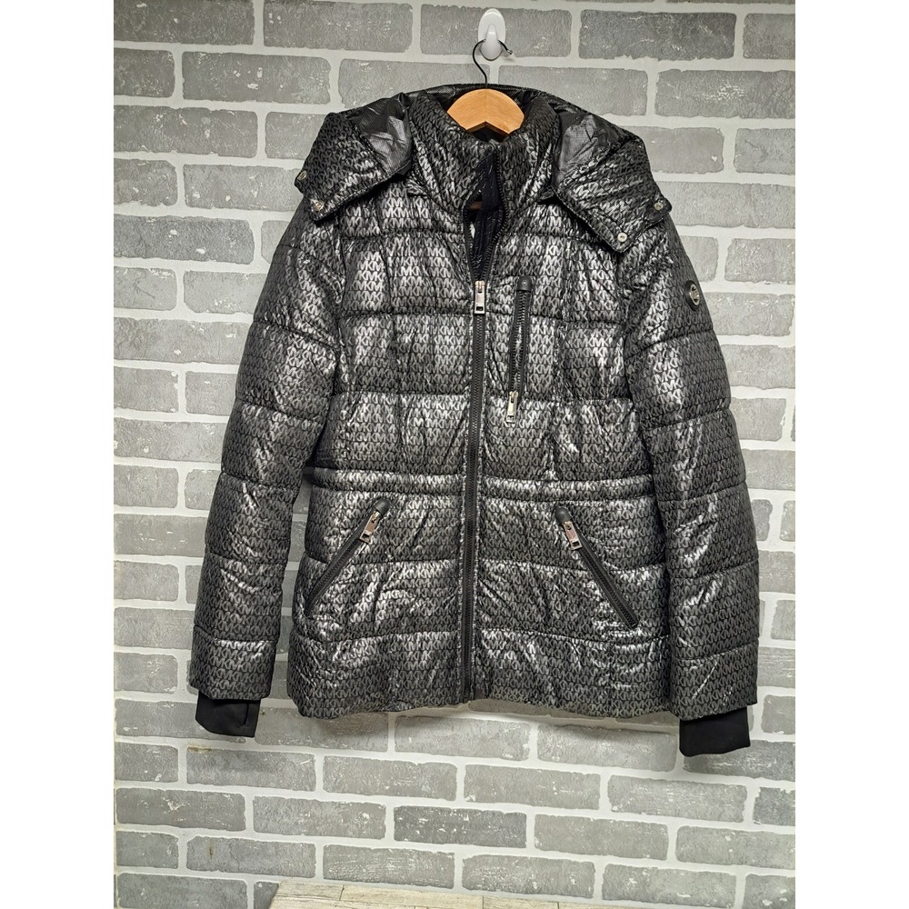 MICHAEL Michael Kors  Womens‎ Metallic Silver Logo Print Puffer Jacket Size  M